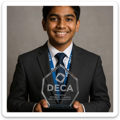 Portrait of an Indian teenage boy in a suit, proudly holding the official DECA glass trophy in front of him. The trophy is very detailed and realistic, with the DECA logo and etching clearly visible. The boy is wearing a DECA lanyard and smiling confidently. sticker