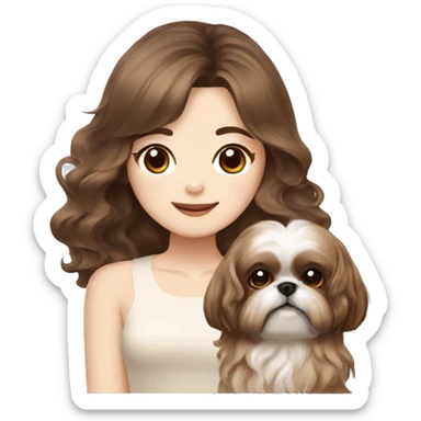 long brown wavy hair korean girl with cream and brown colored shih tzu sticker