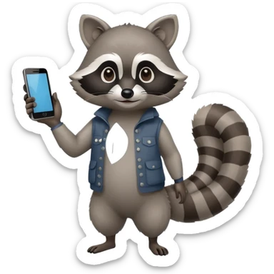 racoon holding a phone and pointing a finger to it full body friendly calm sticker