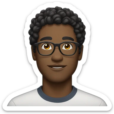 curly short black-haired man wearing square glasses white skin sticker