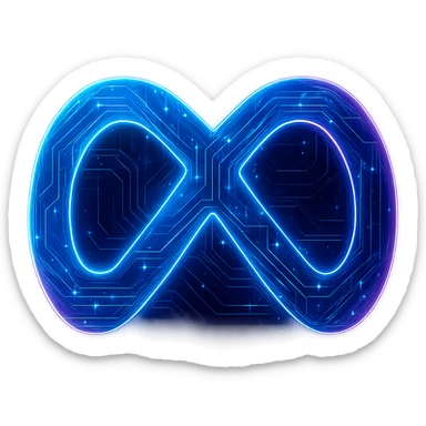 Transform the Meta logo into a cyberpunk, holographic style with glowing neon blue and pink edges, circuit patterns throughout the entire icon, and a transparent background. Maintain the recognizable Meta infinity loop shape and blue color, overlaying neon and circuit effects in a futuristic, clean cyberpunk style with consistent glow and intricate circuit details. sticker