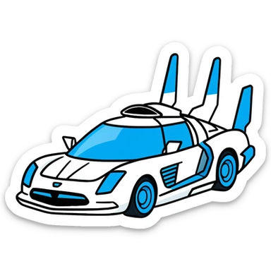 Retro-futuristic hover car inspired by the DeLorean, gullwing doors, silver metallic body with blue-tinted windows, stylized jet boosters in the back, flat vector style, outlined shapes, minimal design sticker