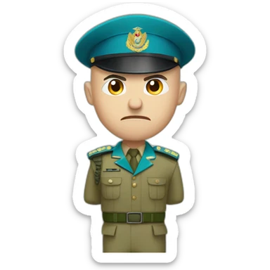 Bald white extremely angry furious serious military man with khaki israel defense forces uniform and cyan beret sticker