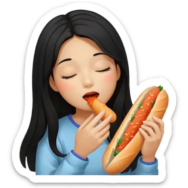 Girl black long hair eat kimchi close eyes baguette sticker