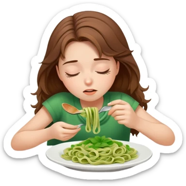 Brown haired girl eating green pasta falling asleep sticker