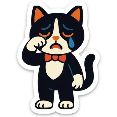 crying tuxedo cat paw wiping away a tear, full body, vibrant toon style sticker