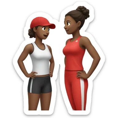 2 woman in sportswear talking, one is red color sticker