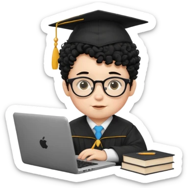 A baby boy DEVELOPER WITH A laptop, black curly hair and topknot, wearing glasses and a mortarboard sticker