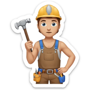 Guy with brown hair and blue eyes wearing a toolbelt and no shirt holding a hammer sticker