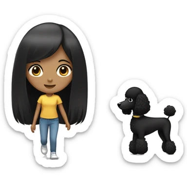 One Korean girl with black long straight hair with one medium black poodle is walking. sticker