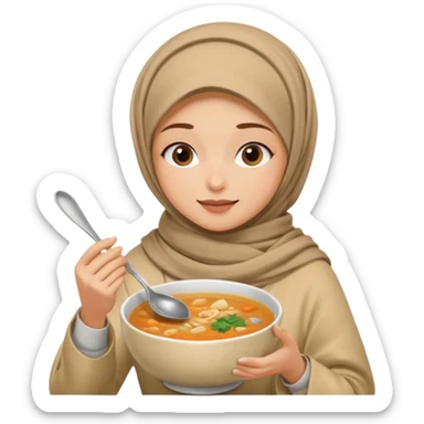 a woman wearing a pashmina hijab is eating while holding a spoon sticker