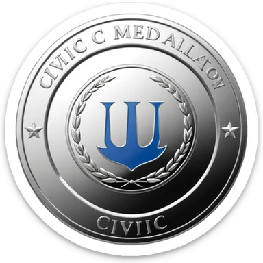 A silver coin type medallion with the words 'Civic Medallion' in large font on it. sticker
