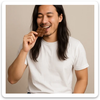 long haired Asian man eating chocolate, wearing a white T-shirt and jeans, neutral background sticker