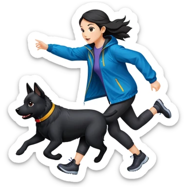 A beautiful girl with fair skin chases a black dog in a windbreaker sticker