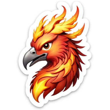 Cinematic Fierce Battle-Hardened Mystical Fire Phoenix Portrait Emoji, head tilted with an aggressive, unwavering gaze that speaks of relentless combat. The flame-kissed form is marked by rugged, charred feathers and vivid battle scars. Its blazing eyes radiate raw intensity and steely resolve, rendered with lifelike detail and stark natural lighting, high shine, channeling an aura of unyielding warlike energy and valor, softened by a dynamic glowing outline that highlights its battle-earned ferocity. sticker