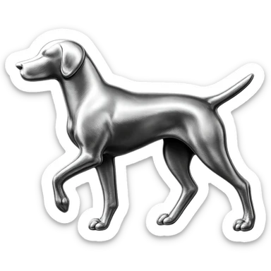               Apply a high-end, photorealistic metallic chrome material to the provided {subject}. The material should have a smooth, slightly curved surface with subtle reflections and soft shadows, resembling brushed or polished silver metal. Preserve the exact shape, proportions, and design of the original object. Set it against a solid black background (#000000) in 8K resolution. The lighting should enhance the beveled edges and reflective highlights, creating a sleek, premium finish. {subject} = dog pointing left sticker