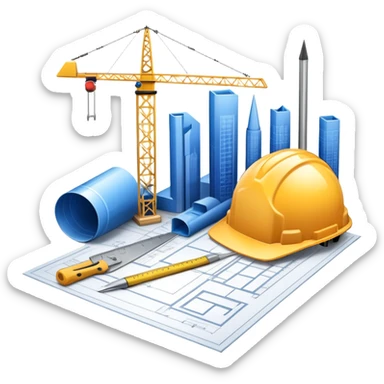 An icon featuring a blueprint, a hard hat, and construction tools, symbolizing architecture and construction. The design includes a ruler, building materials, and a skyscraper, representing the design and building process. Transparent background highlights the art and science of creating structures. sticker