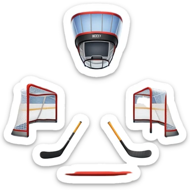 An icon showing a hockey stick, puck, skates, and goalposts on the ice. The background features a large hockey stadium with cheering fans, bright lights, and a snowy landscape visible through the arena. Transparent background highlights the main hockey equipment and atmosphere. sticker