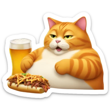 Fat orange cat leaning back eating a cheesesteak with a beer in his other paw sticker