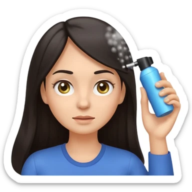 Emoji-style illustration of a woman with long dark hair, front-facing, simple rounded facial features, big expressive eyes, flat vector shading. A hand is spraying hair spray from a small aerosol can toward her hair, visible mist/spray particles in the air.  sticker