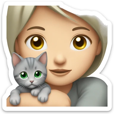 blue eyes grey kitten hugging brown short hair green eyes woman sticker