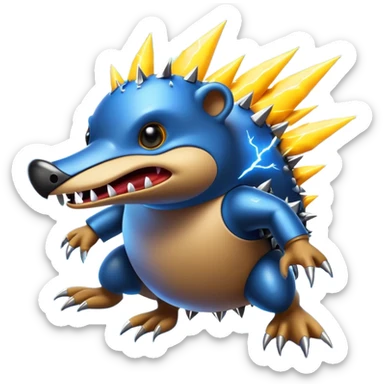 a fantastical dangerous and spooky electric platypus merged with a hedgehog with sharp teeth, metal electric spikes, and strong fangs, electricity and lightning coming, menacing look, yellow and blue lightning bolts sticker