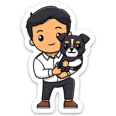 Mexican man with black hair and brown eyes wearing a shirt and black pants, holding a small white dog with one brown ear sticker