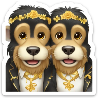 Two male monkeys celebrating their wedding accompained with their golden retriever. sticker