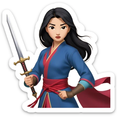 Cinematic Realistic Mulan Portrait, depicted with lifelike skin texture, soft natural lighting, and intricately detailed long black hair styled elegantly. Her deep, expressive eyes exude determination and grace, complemented by a serene yet confident expression. She stands with one hand resting on the hilt of her sword, the other by her side, exuding strength and poise. She is dressed in her classic attire, with rich fabric textures and delicate folds that catch the light beautifully. The portrait features a soft, enchanting glow with a natural, radiant finish, capturing the essence of timeless strength and beauty in a realistic and painterly style, evoking a sense of depth and authenticity. sticker