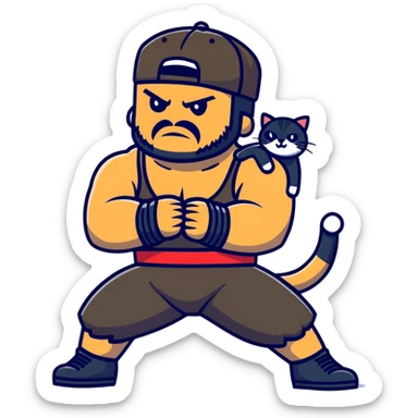 Razor Ramon wrestler from WWF defeating a cat wearing a cap sticker