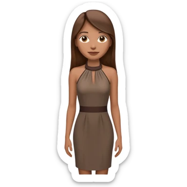 emoji-style illustration of a stylish woman with long straight brown hair, wearing a dark halter neck dress, elegant and minimalistic look, front-facing, soft 3D cartoon rendering, plain background sticker