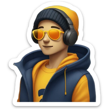 a cartoon boy with yellow skin, navy tinted sunglasses, with orange rims adn a black beanie, and a yellow hoodie and BLACK HEADPHONES!!!!!!!!!!!!!! sticker