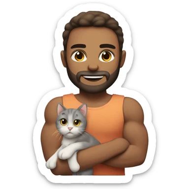 Fair boy with muscles with beard and straight hair holding a cat. Having fair white skin sticker