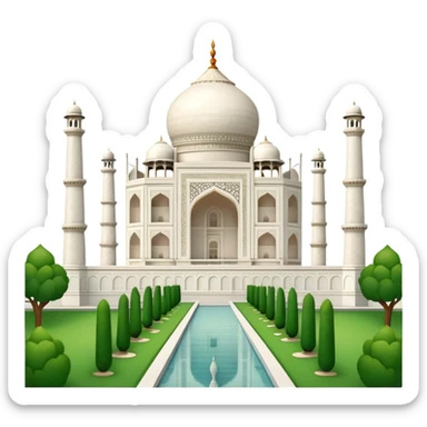 Cinematic Realistic Taj Mahal Landmark Emoji, depicted as the iconic marble mausoleum set amidst lush gardens rendered with intricate detail and ethereal, soft lighting. sticker