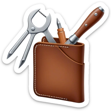 Leatherworking icon, piece of raw leather being crafted into a leather wallet or belt, professional tools like leather stitching awl, edge beveler, hammer, prying tool, minimalistic style, clean lines, transparent background. sticker