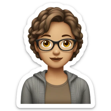 a girl with short brown hair wearing glasses and wearing a brown t-shirt covered with a gray cardigan sticker