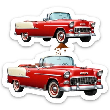 1955 Chevrolet Bel Air Convertible, Red-White color, with a bucket of brown mud pouring down on it, and the car itself is all dirty. 32x32 pixels, aspect ratio: 1:1 sticker