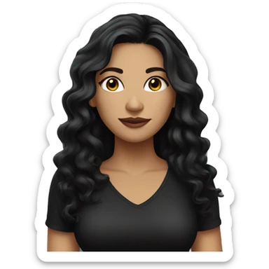 Pretty Latina woman with long black wavy hair and black shirt sticker
