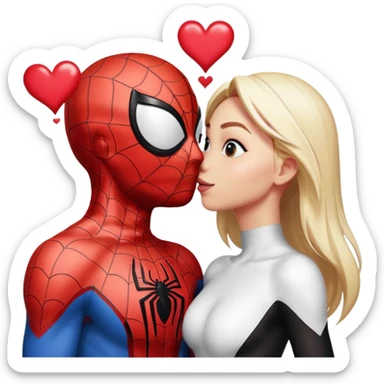 Spiderman and Spider-Gwen kissing, with hearts around them, emoji style sticker