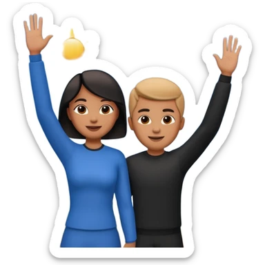 A 3D cartoon couple on top of a hill raising hands in victory, sunny sky and nature background, Memoji-style. inside photo frame. sticker