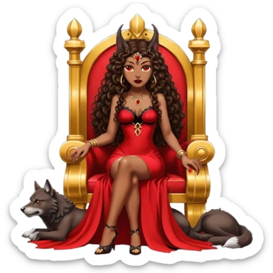Lilith symbol seductress evil brown curly long hair haired, sexy succubus woman with red and black Chanel dress sitting on a Black and gold throne. A large black wolf laying beside he sticker