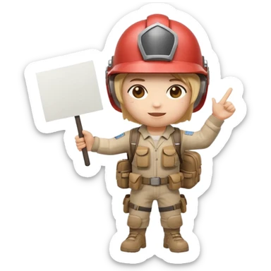 Create a cute emoji-style PUBG Mobile character, chibi version with helmet and backpack, standing in victory pose, holding a blank white sign or paper sheet in both hands in front of chest, ready for text, clean white background, simple emoji design” sticker