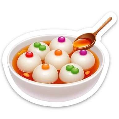 Sweet rice balls Tangyuan in syrup with colorful fillings, simplified emoji style with bold outlines and bright colors, cartoon style traditional Chinese dessert sticker