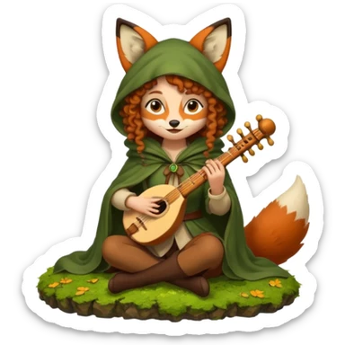 forest sticker character, woman with curly brown hair dressed as fox bard, tail cloak and ear hood, sitting on moss playing flute sticker