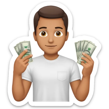 an American man with money in his hands wearing a T-shirt sticker