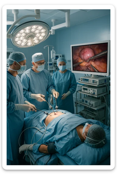 A realistic, clinical image inside a modern operating room during a laparoscopic cholecystectomy (gallbladder removal surgery). A team of surgeons in sterile gowns, masks, and gloves focus intently on the patient lying on the operating table. High-tech laparoscopic instruments are inserted through small incisions in the patient’s abdomen. On a large screen nearby, a close-up video feed shows the gallbladder being carefully dissected and removed using precise surgical tools. The environment is brightly lit with cool white surgical lights, and all medical equipment is clean and state-of-the-art. The mood is professional and sterile, conveying a sense of precision, care, and medical expertise. The patient is under anesthesia, covered with sterile drapes, with monitoring devices attached sticker