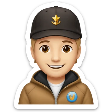 Créame a un chico blanco con gorra negra con el pelo castaño y qué tenga una chaqueta blanca más animado sticker