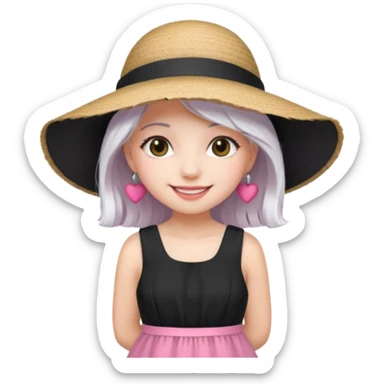 Girl in pink dress and sunhat smiling, black 2 string dress, white hair sticker