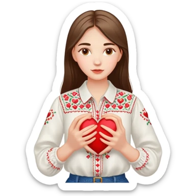Beautiful young girl in a white Ukrainian embroidered shirt holds a large embroidered heart in her hands sticker