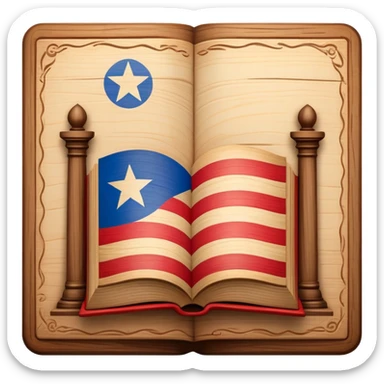 Timeless book with Puerto Rican flag design, theater stage symbol carved in wood, parchment and wooden textures, warm tones with a subtle glow, representing the history of scenic design sticker
